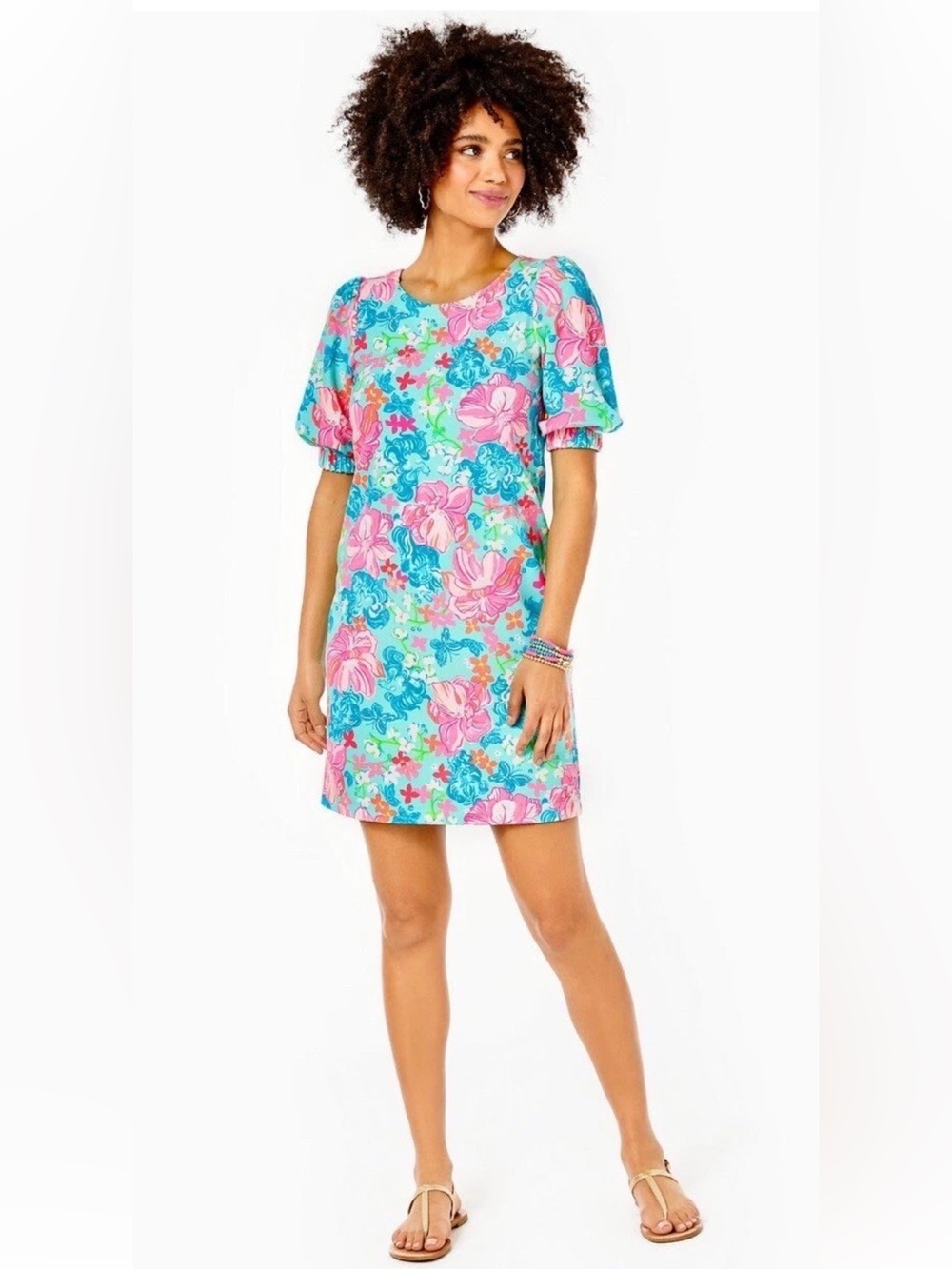 Lilly Pulitzer Surf Blue Luscious Lions Short Puff Sleeve Cayce Dress Sz. M